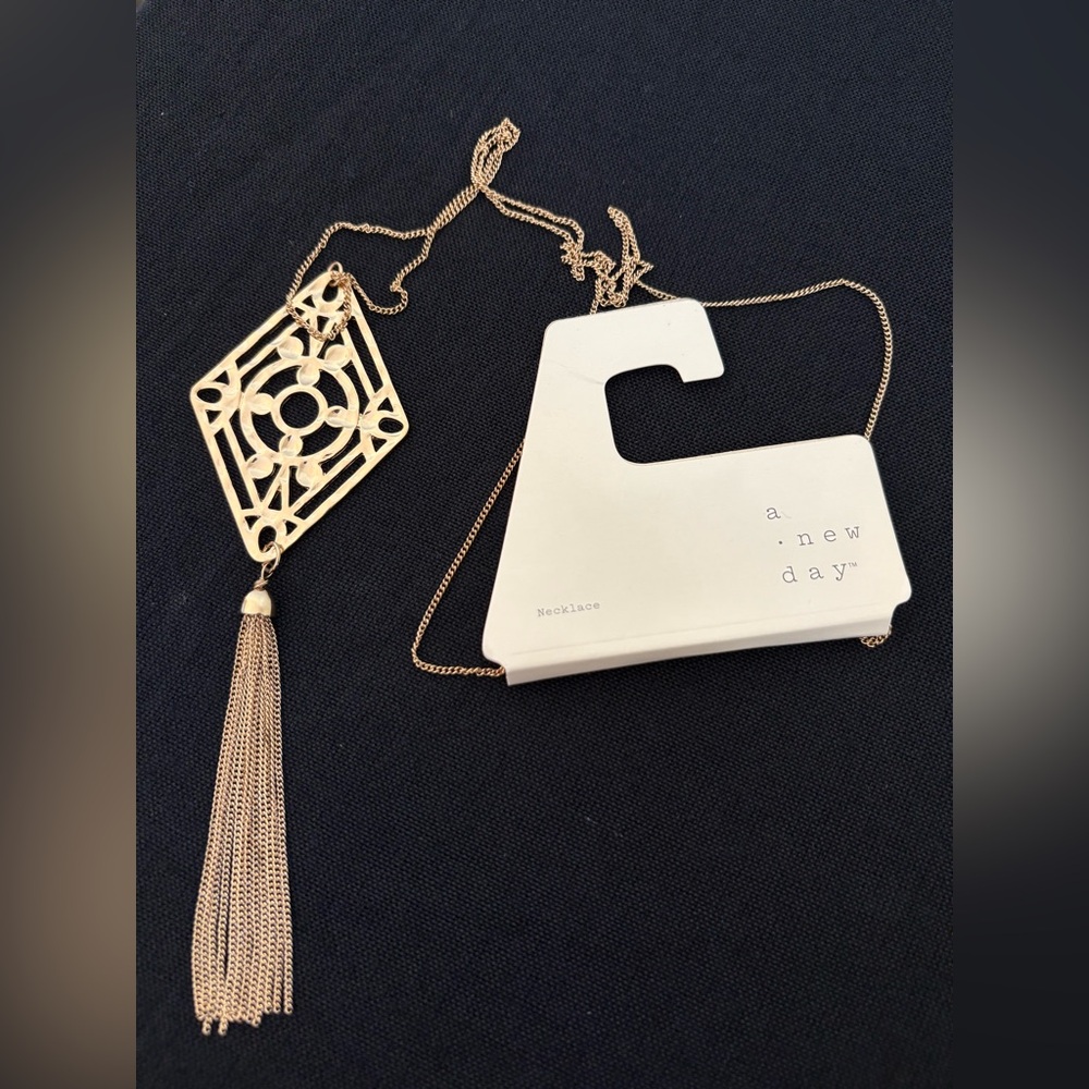 A New Day Gold Long Geometric Pendant Necklace with Tassel NWT - Picture 2 of 2